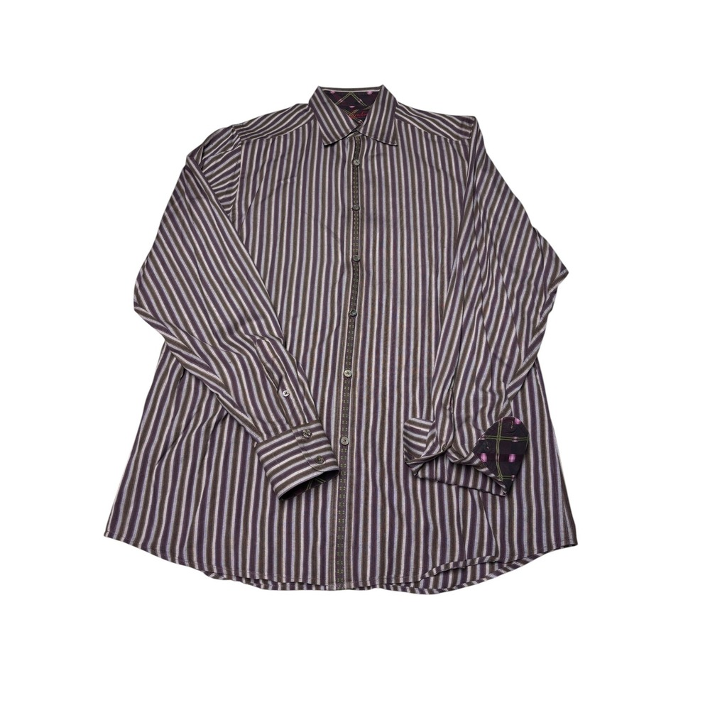 Robert Graham Mens Striped Button Down Shirt Purple Brown LT Long Tall Cotton